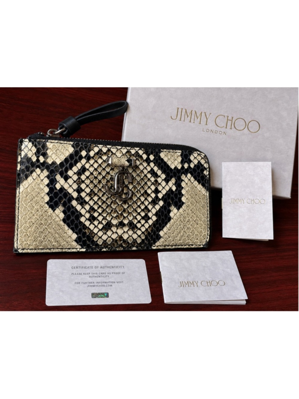NWOT Jimmy Choo JC Snake Print Leather Zip Wristlet Pouch Wallet w/ Box Authenti